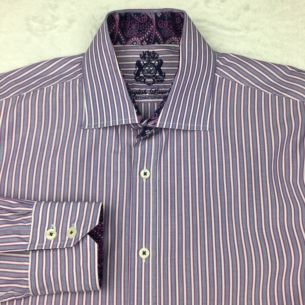 English‎ Laundry Dress Shirt Mens 16-34/35 Purple/Gray Stripes Contrasting Trim